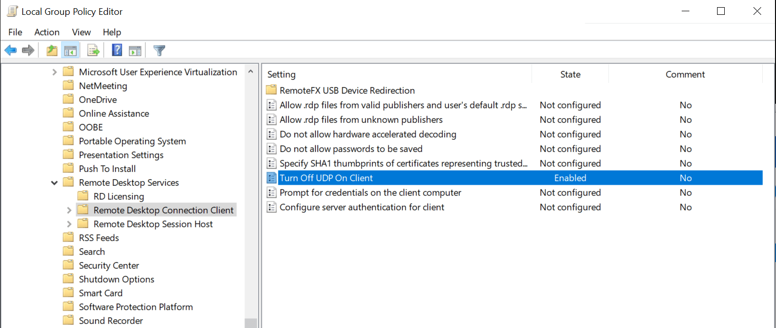 Set the "Turn Off UDP On Client" setting to Enabled